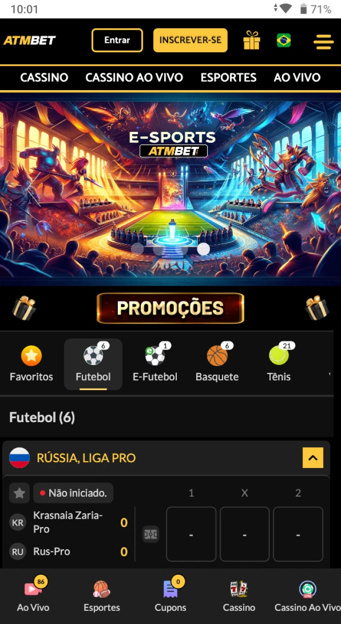 Página inicial do cassino online ATMBET no telefone Android.