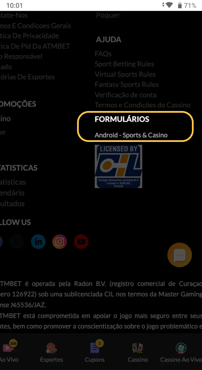 Onde encontrar o botão para baixar o aplicativo de cassino online ATMBET em seu telefone Android.