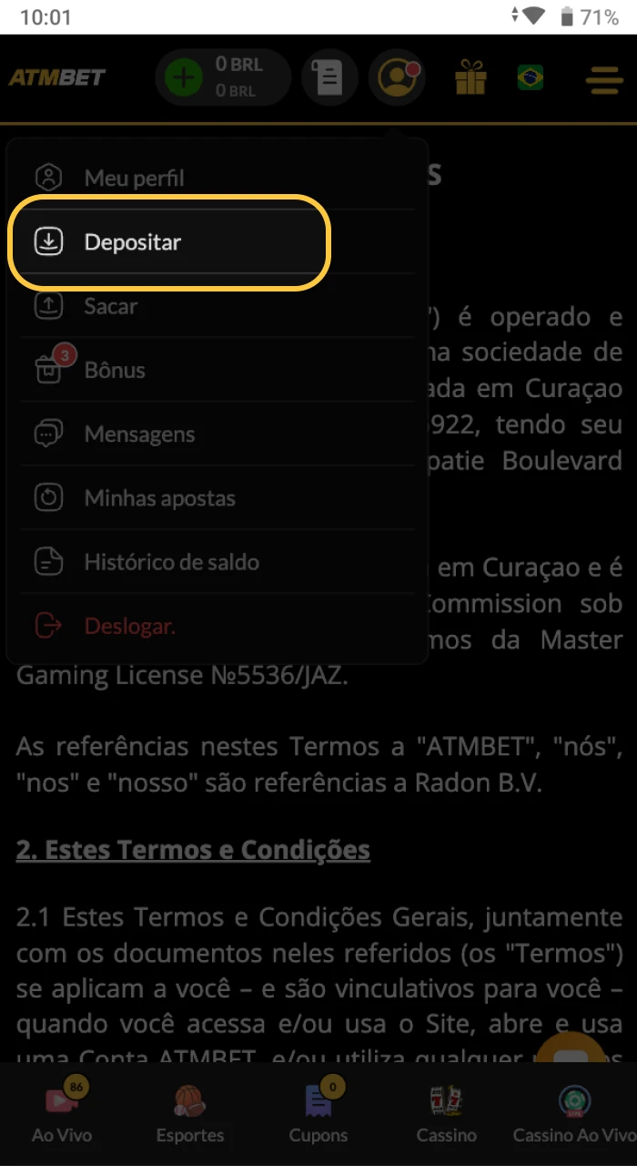 Onde posso encontrar o botão de depósito no site do cassino online ATMBET.